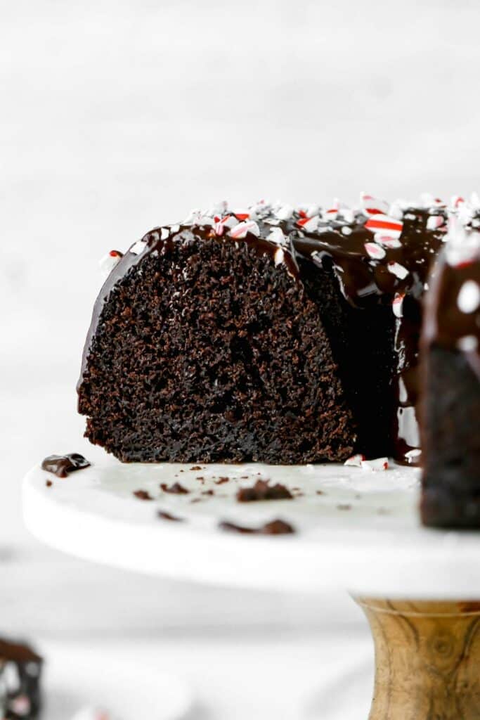 inside a sliced chocolate peppermint bundt cake