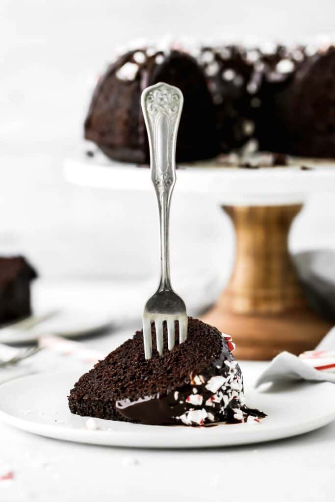 a fork stuck in a slice of chocolate peppermint bundt cake