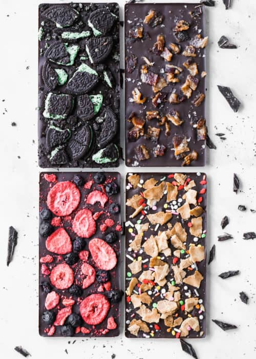 homemade dark chocolate bars with a variety of toppings