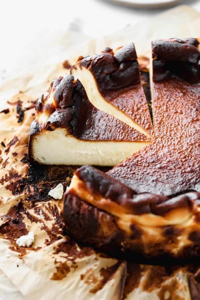 a sliced basque cheesecake