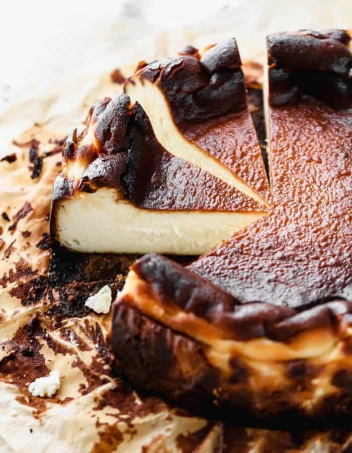 a sliced basque cheesecake