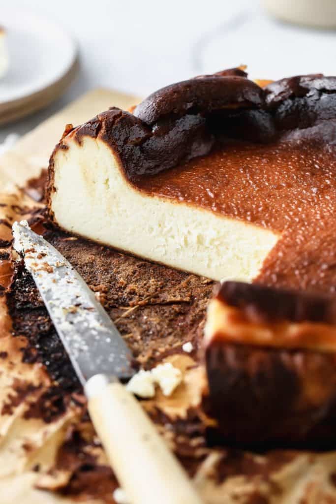 the inside of a sliced basque cheesecake