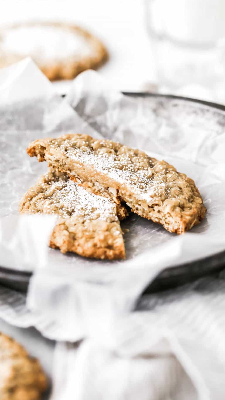 a gooey butter oatmeal cookie cut in half