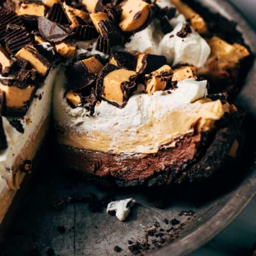 close up on a slice of chocolate peanut butter pie