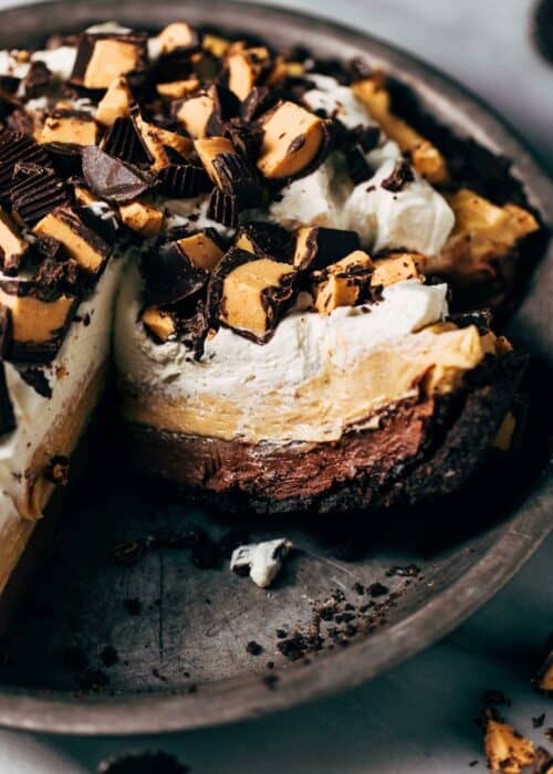 close up on a slice of chocolate peanut butter pie