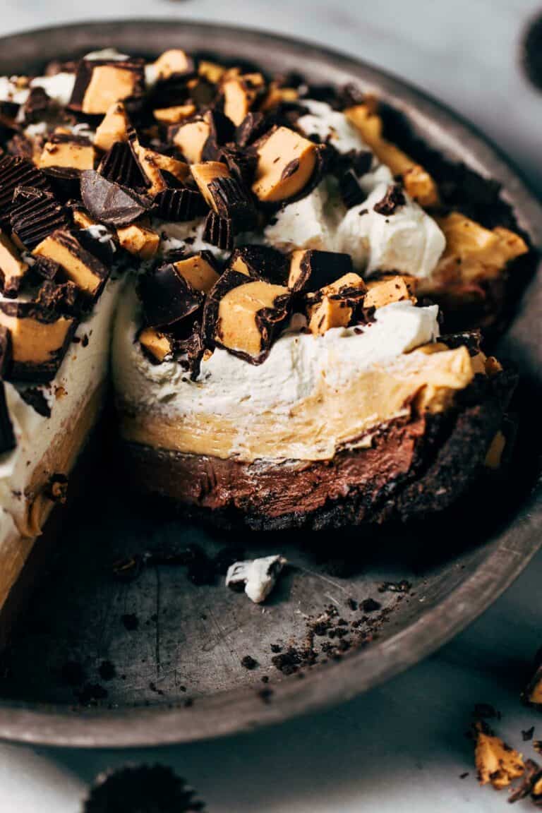 close up on a slice of chocolate peanut butter pie