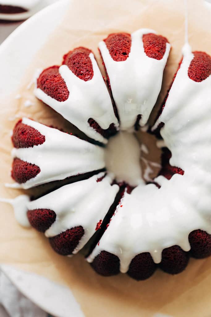 top view of a sliced red velvet bundt cake