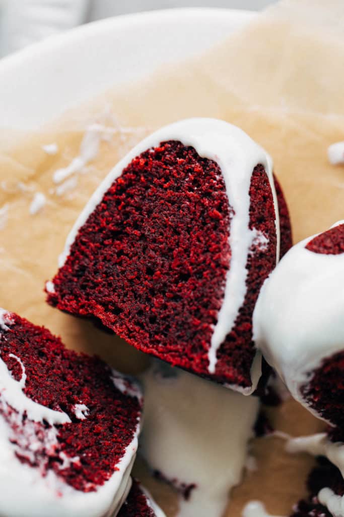 close up on a slice of red velvet cake