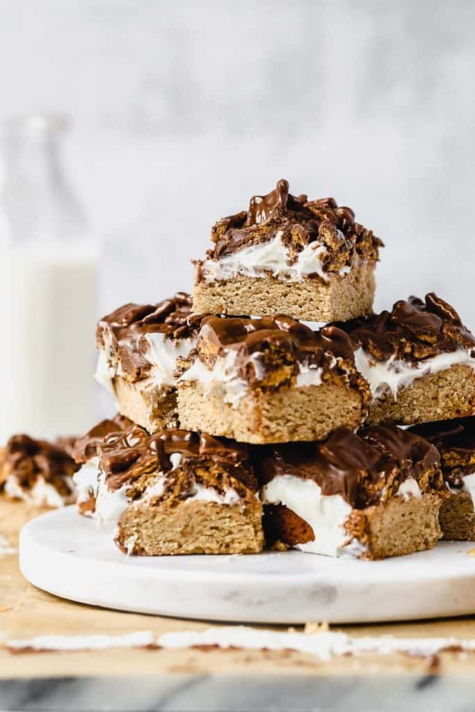 a tall stack of smores bars