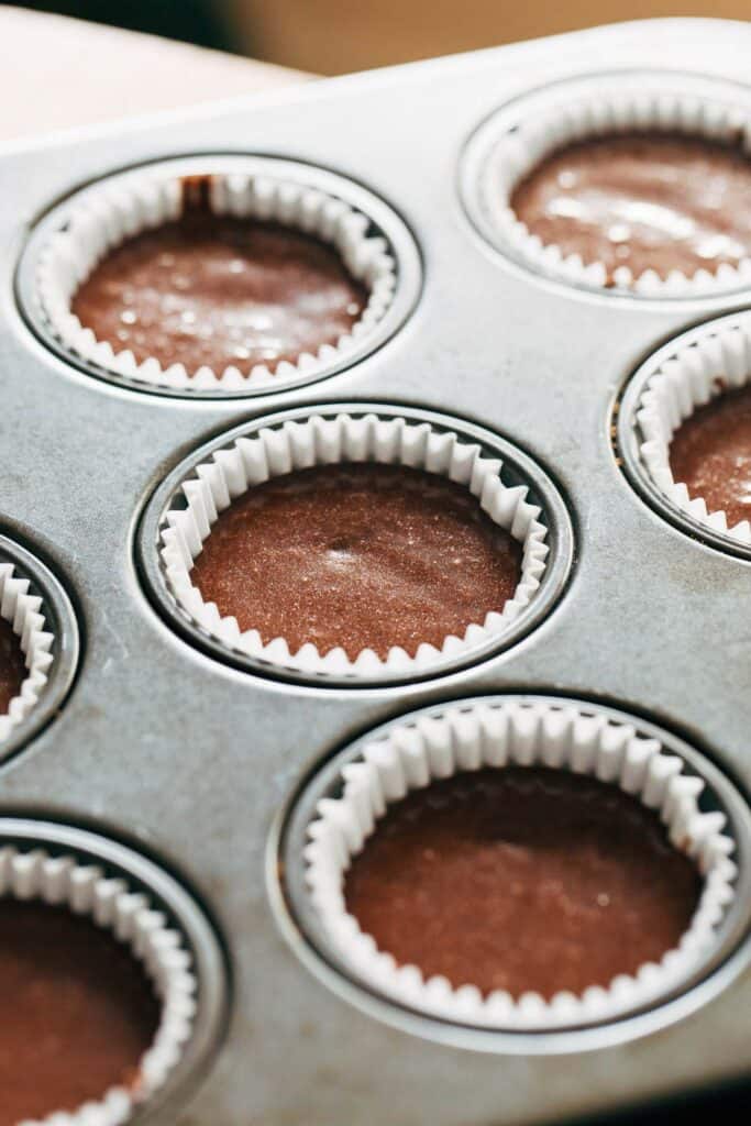 guinness chocolate cupcake batter in cupcake liners