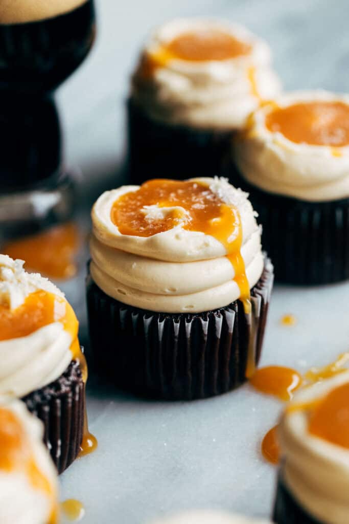 guinness chocolate cupcakes topped with caramel