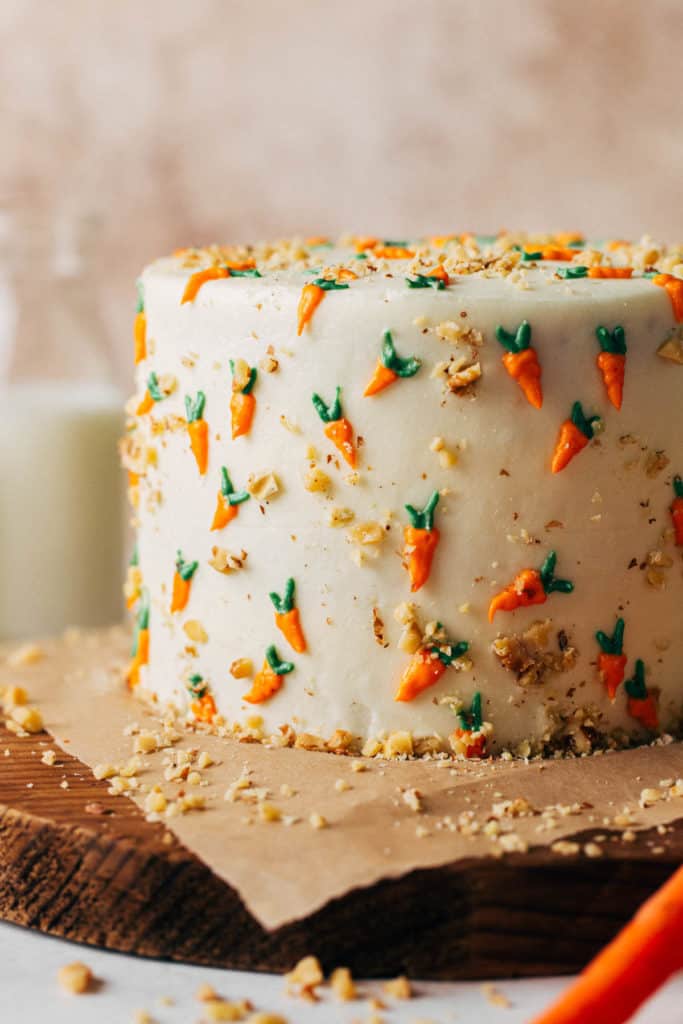 close up on the decorations of a carrot cake