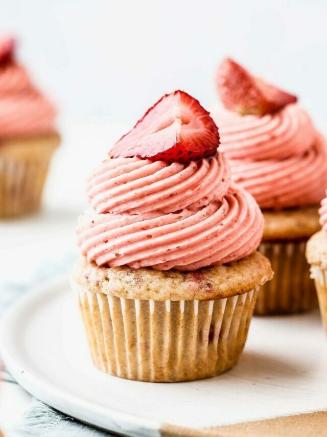 Roasted Strawberry Cupcakes with Strawberry Frosting