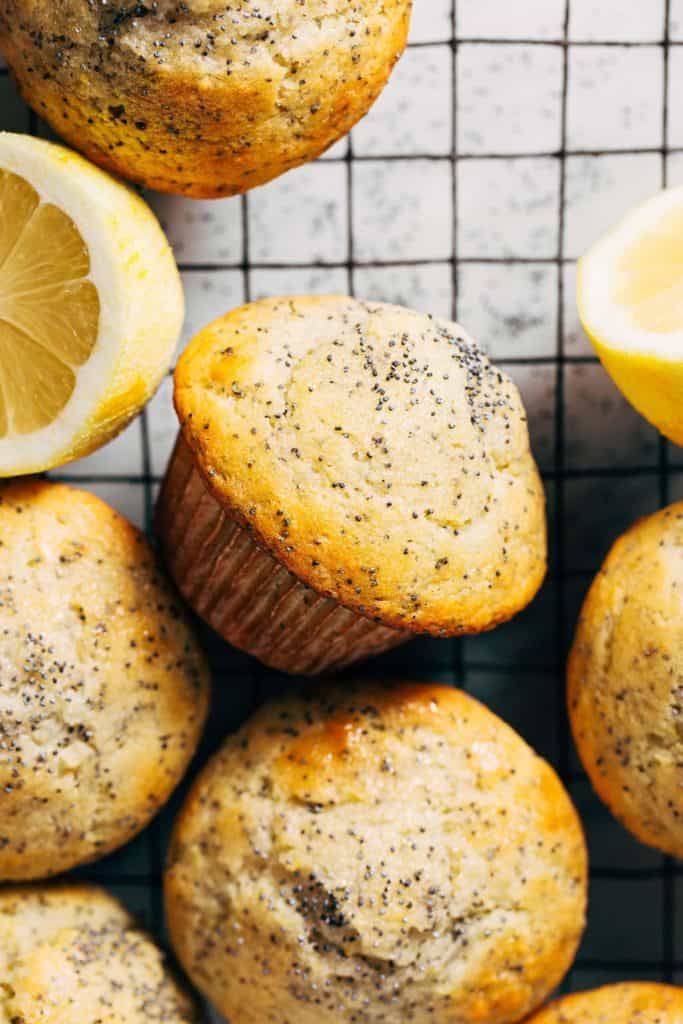 close up on a lemon poppy seed muffin