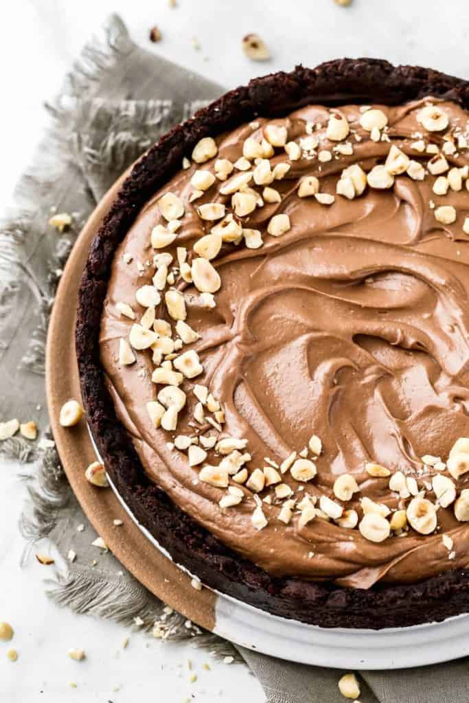 the top of a nutella pie with a swirled nutella filling