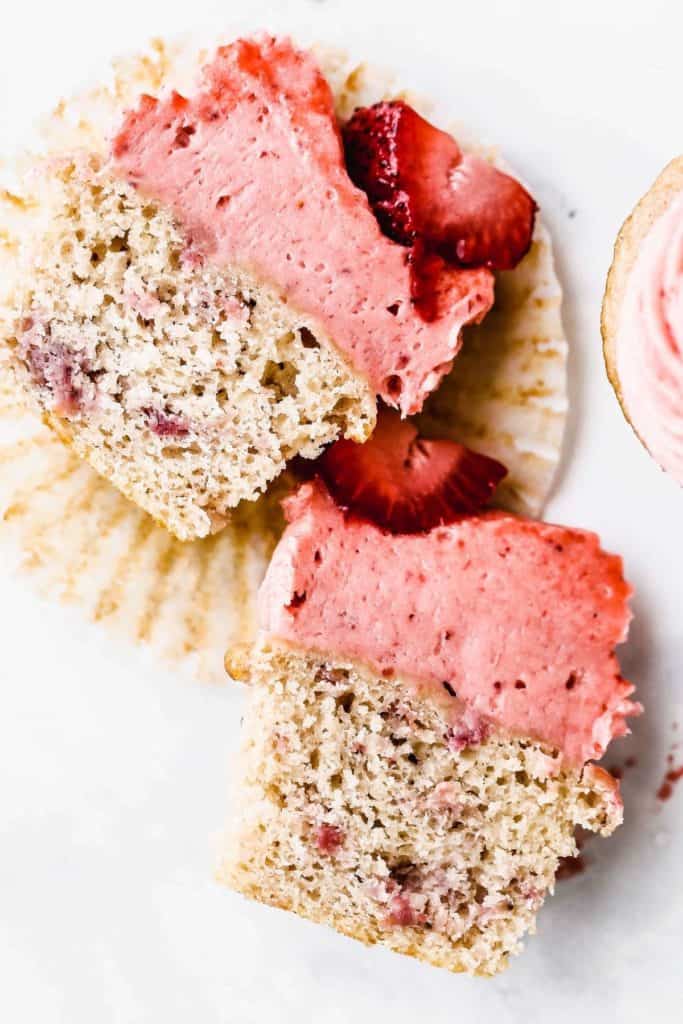 a strawberry cupcake cut in half