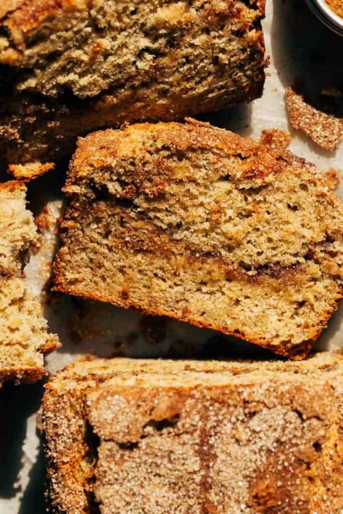 close up on a slice of cinnamon banana bread