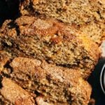 close up on slices of cinnamon banana bread