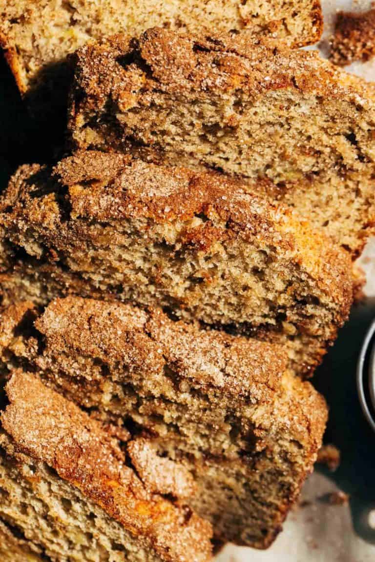 close up on slices of cinnamon banana bread