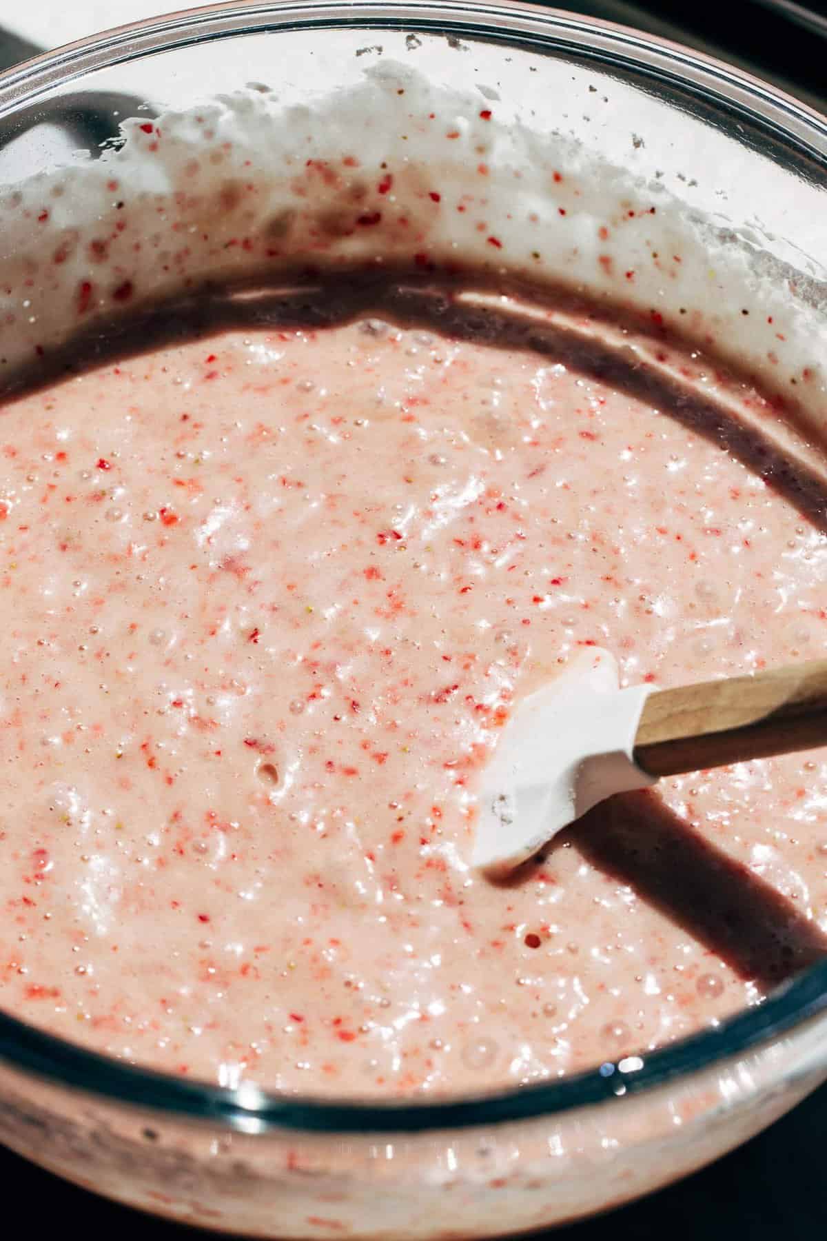 strawberry cake batter in a bowl