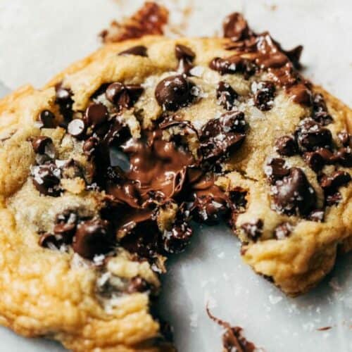 the inside of a nutella stuffed chocolate chip cookie