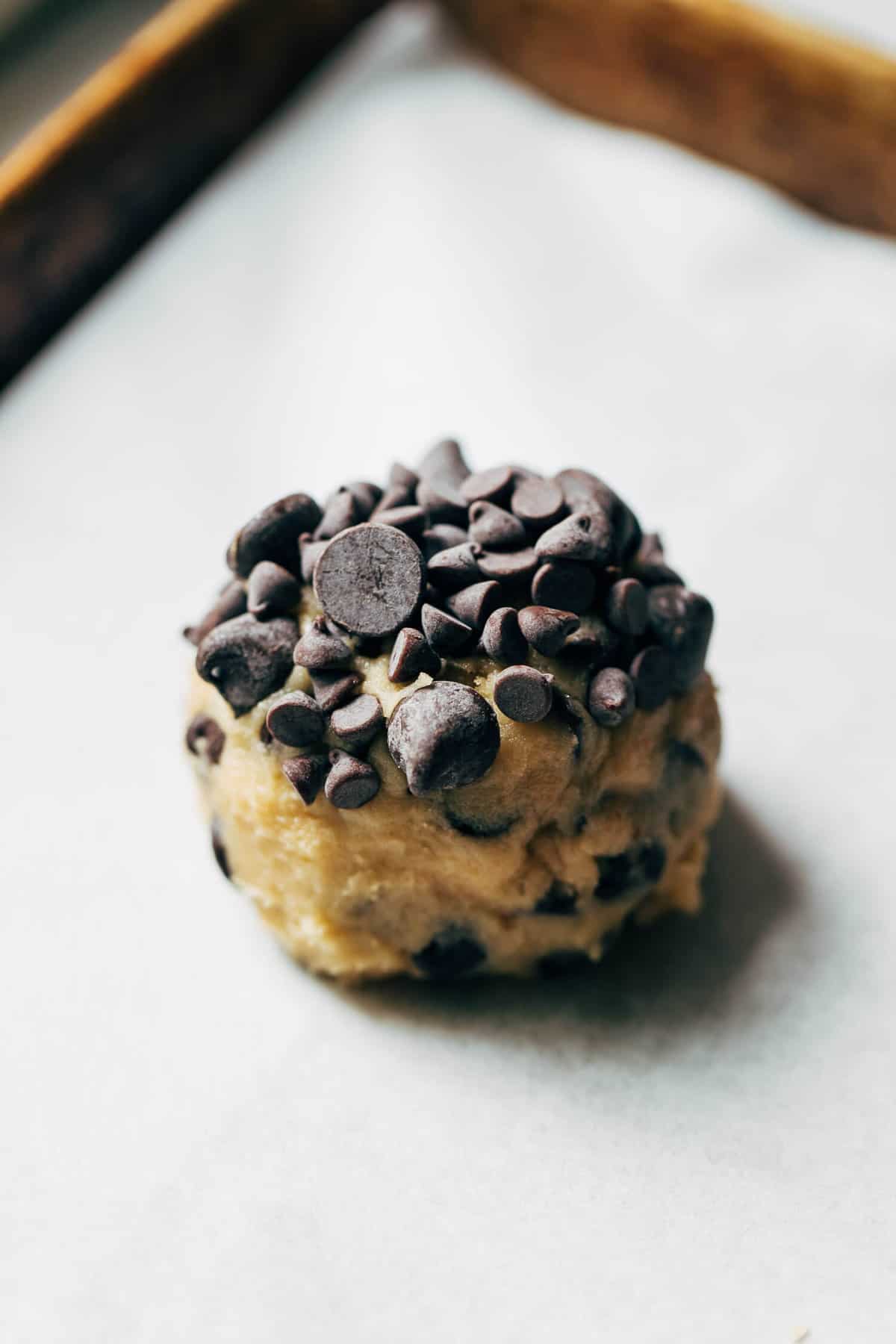 a cookie dough ball topped with chocolate chips