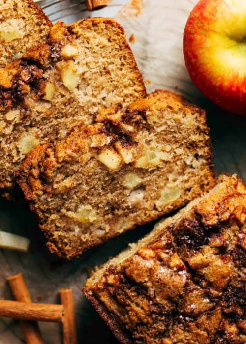 a slice of apple cinnamon bread with chunks of apples