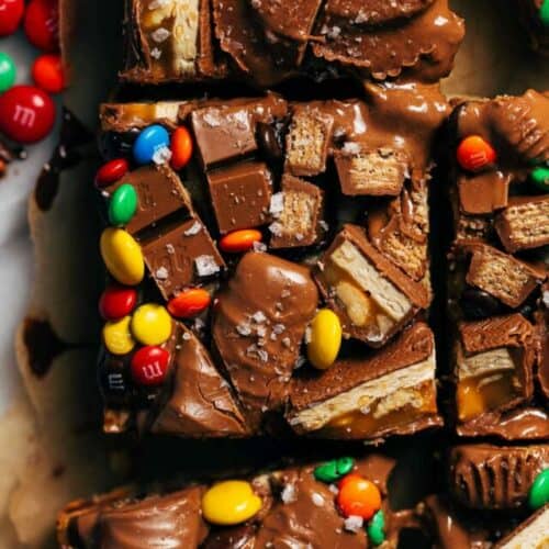 close up on a cookie bar topped with halloween candy