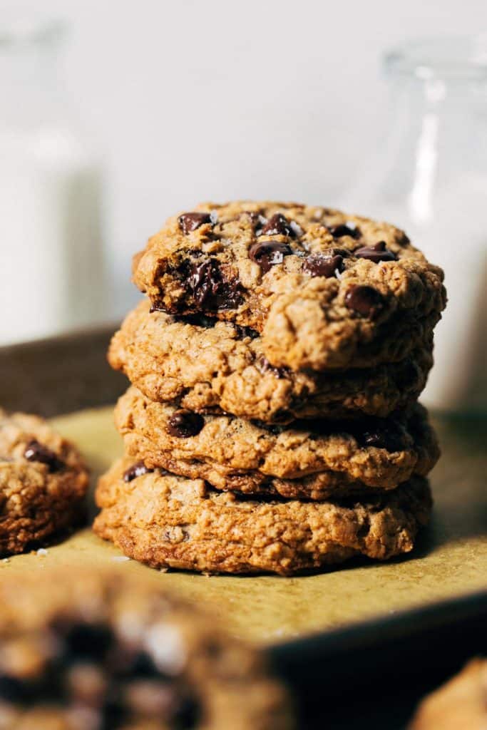 a stack of gluten free oatmeal chocolate chip cookies