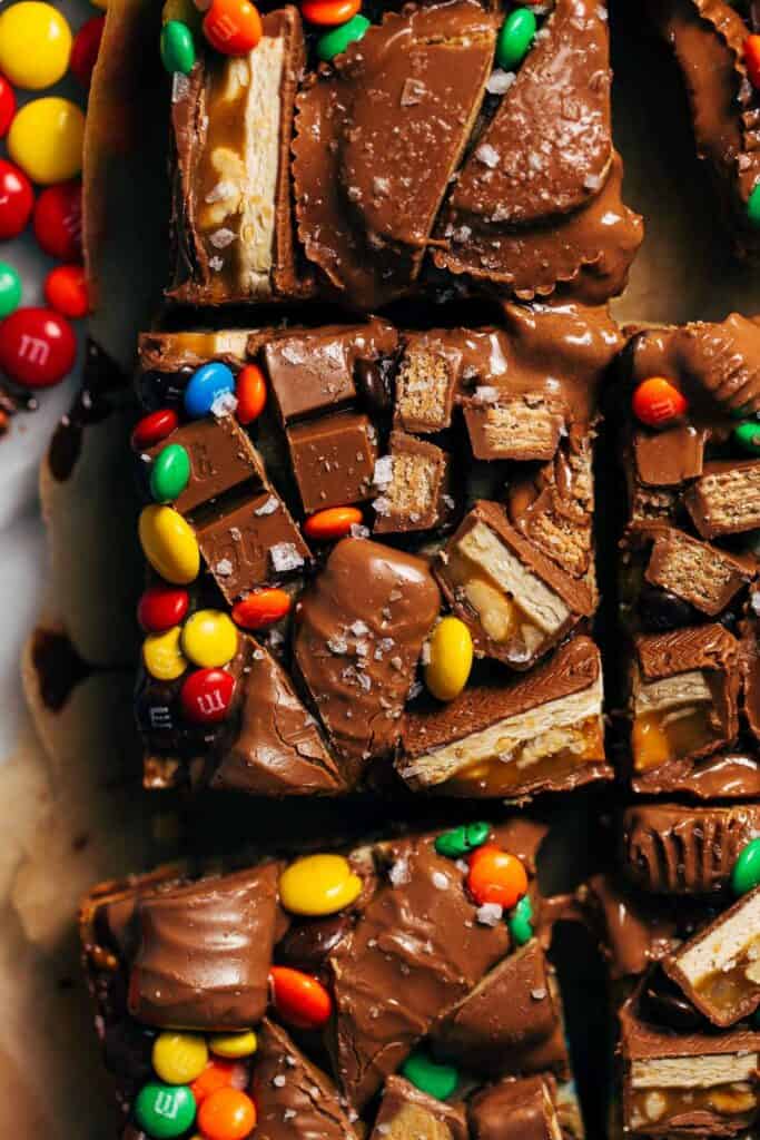 close up on a cookie bar topped with halloween candy