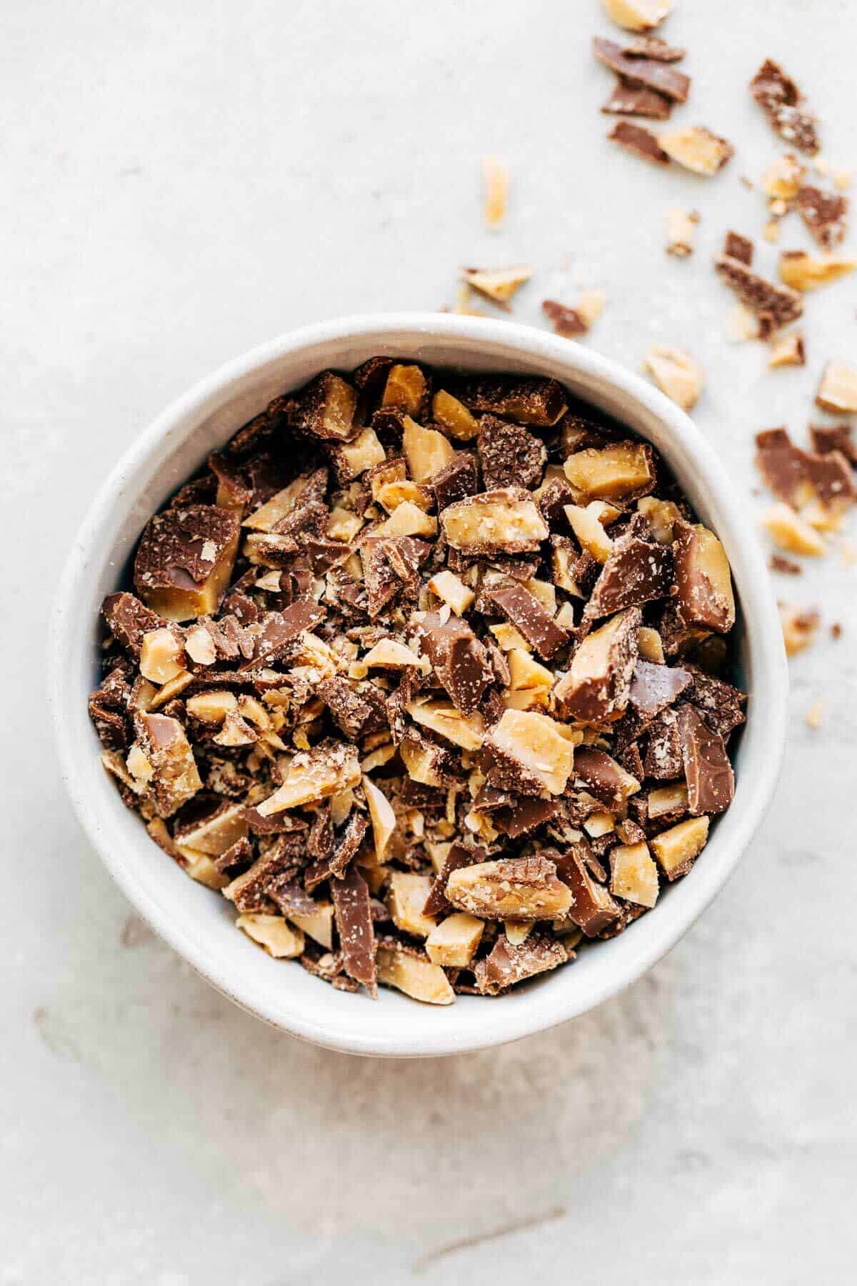 a bowl of chopped toffee