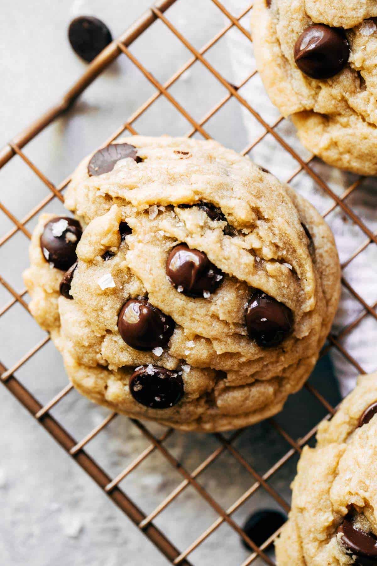 close up on the top of a chocolate chip cookie