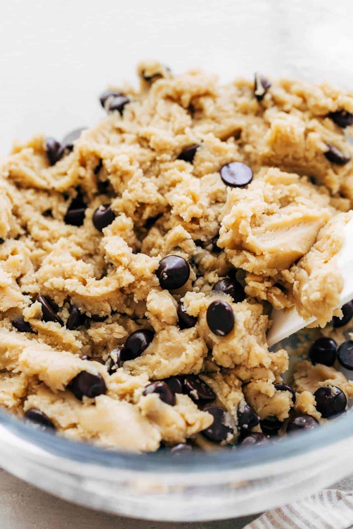 a bowl of chocolate chip cookie dough