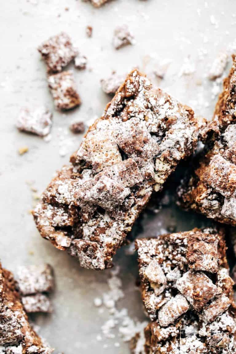 a sliced bar of puppy chow marshmallow treat