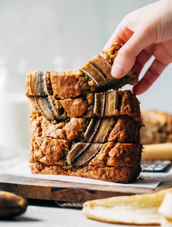a stack of sliced banana bread