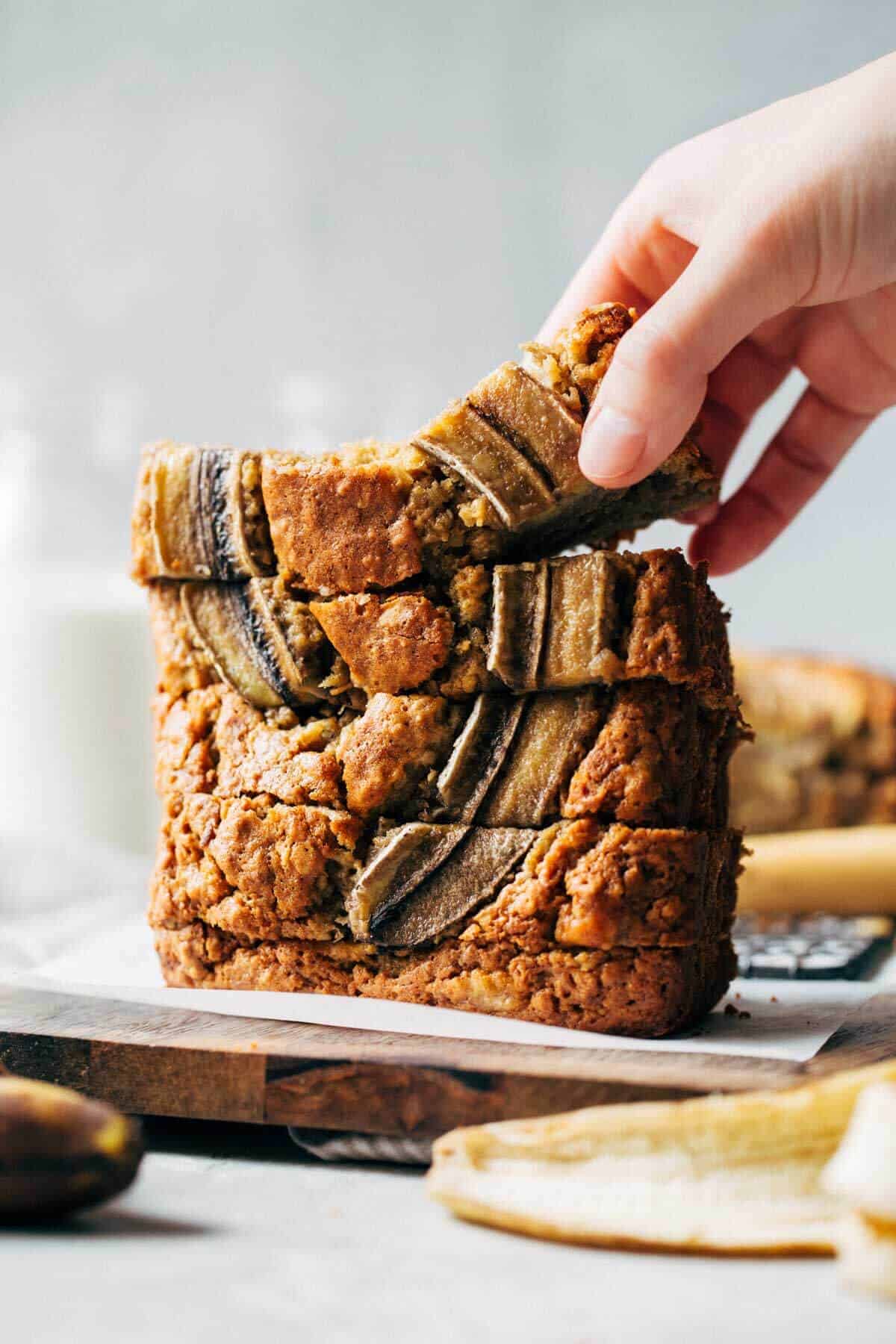 a stack of sliced banana bread