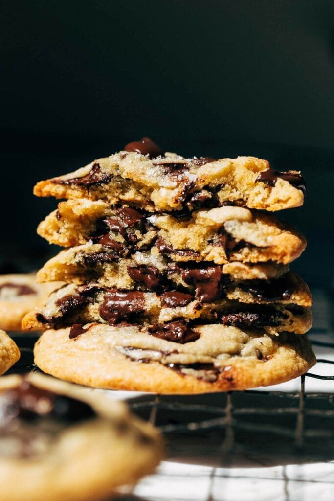 inside a stack of soft chocolate chip cookies