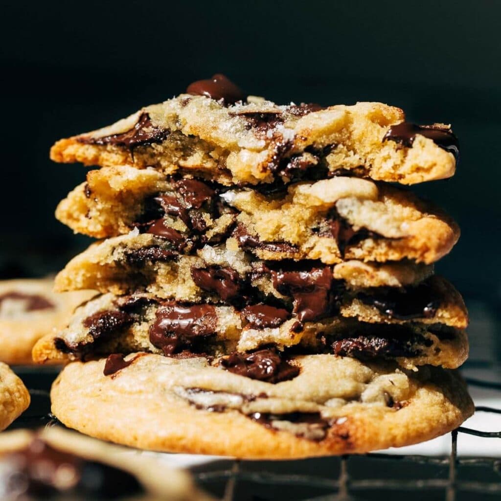 inside a stack of soft chocolate chip cookies