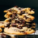 inside a stack of soft chocolate chip cookies