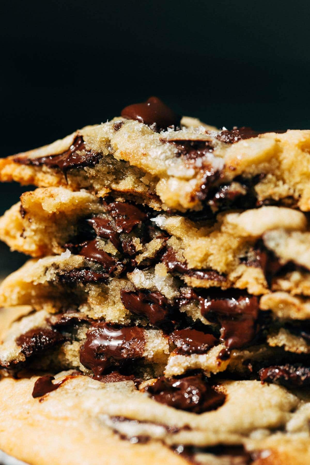 close up on the inside of soft chocolate chip cookies