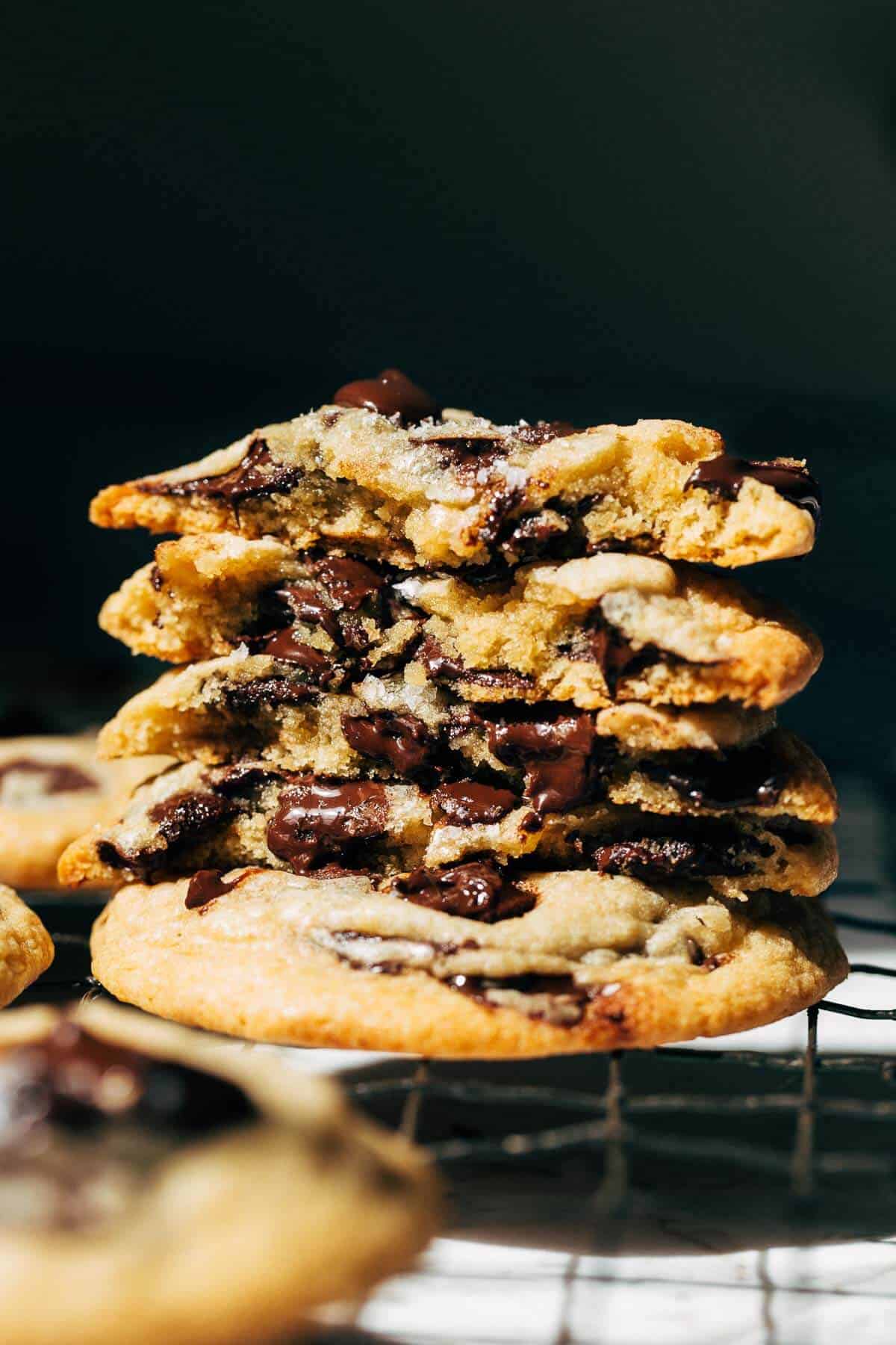 inside a stack of soft chocolate chip cookies