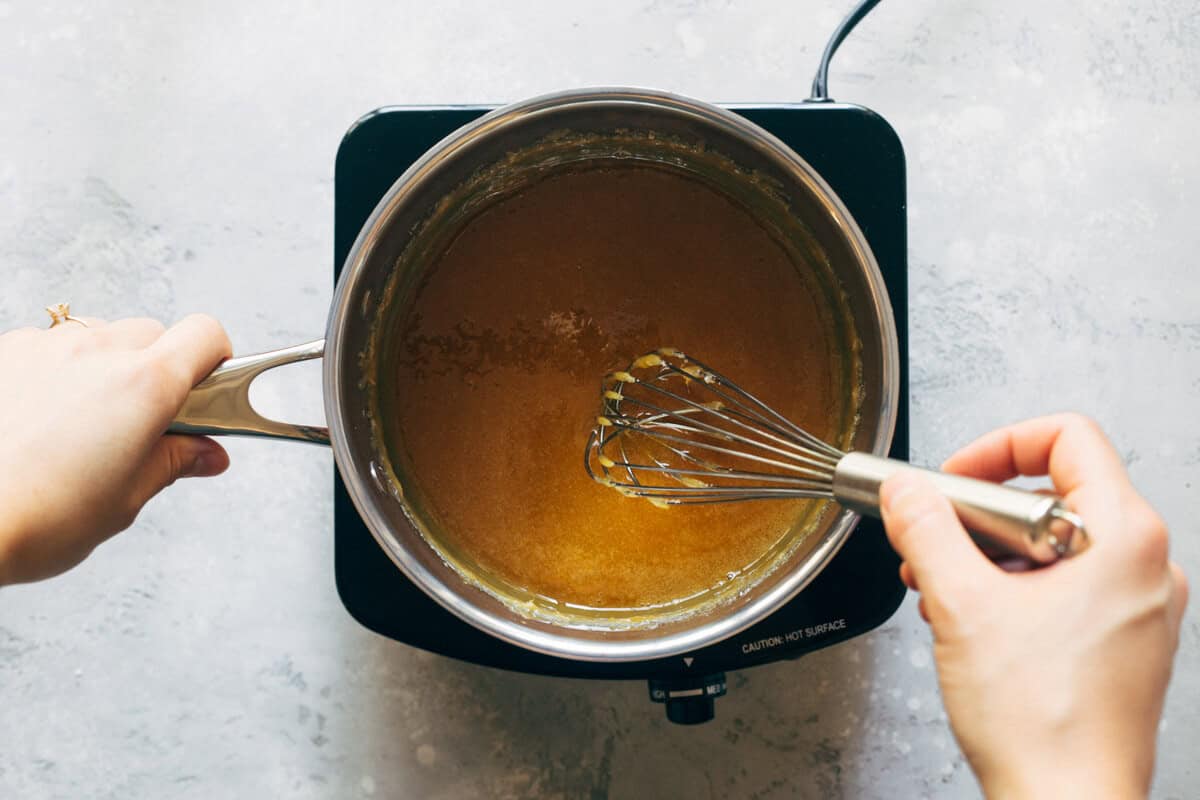 Almost finished pan of homemade salted caramel.