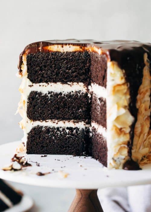 chocolate layer cake sliced to expose the center