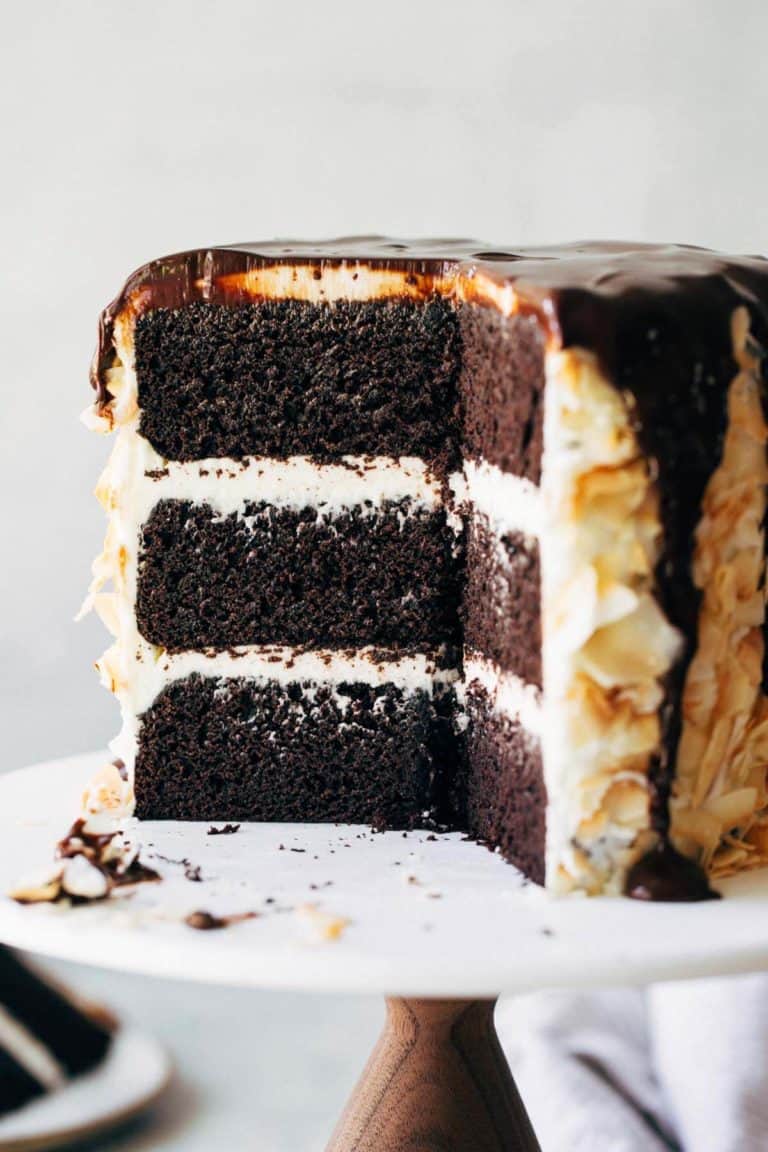 chocolate layer cake sliced to expose the center