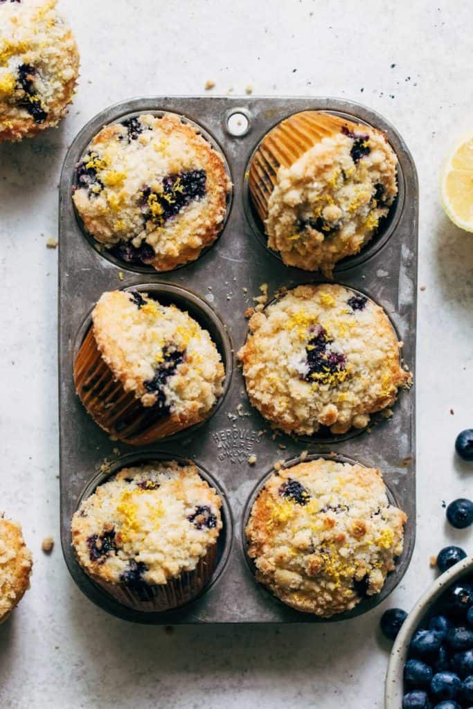 lemon blueberry muffins in a vintage muffin tin