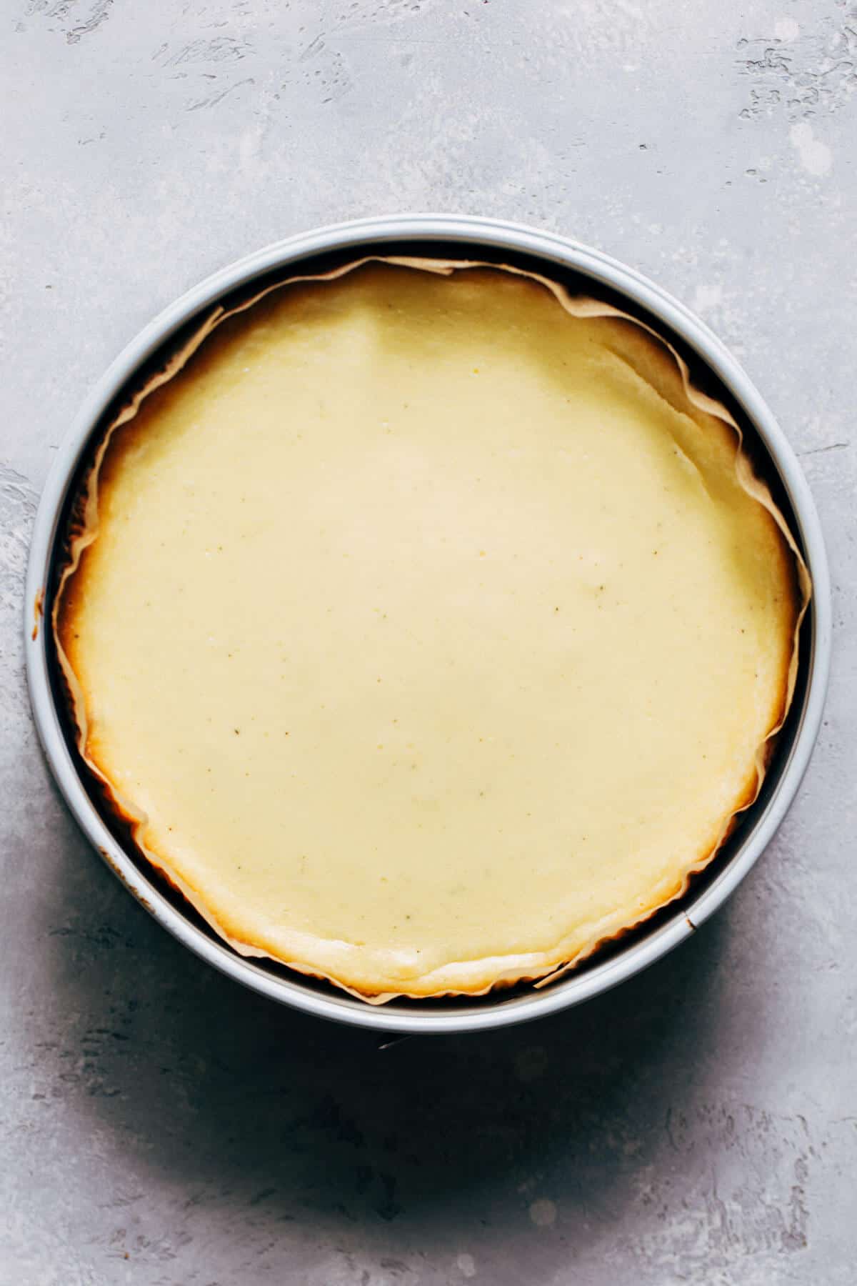 a freshly baked cheesecake still in the pan