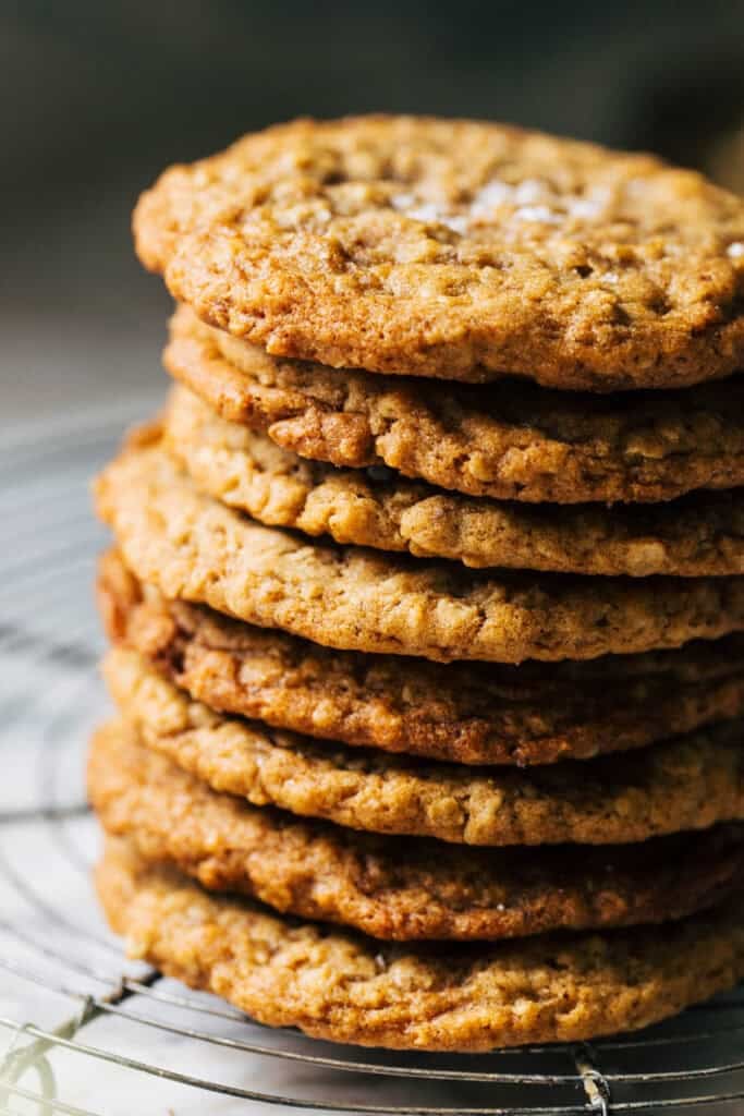 a stack of brown butter oatmeal cookies