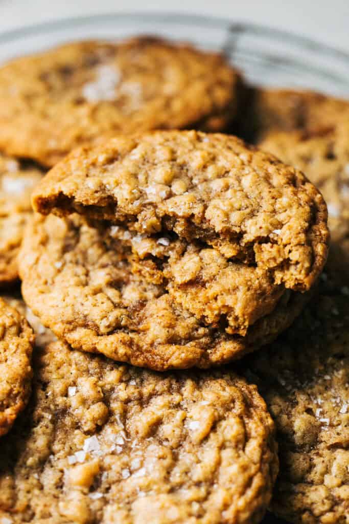 the inside of chewy brown butter oatmeal cookies