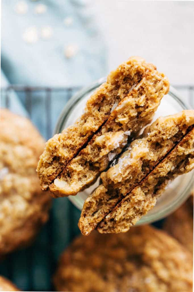 the inside of two soft and chewy oatmeal cookies