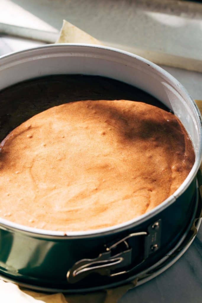 flourless cake batter in a springform pan